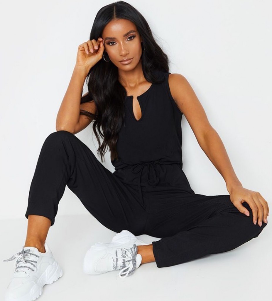 Black V Neck Tie Waist Rib Jumpsuit